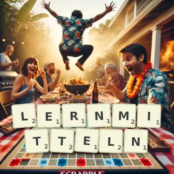 Kreative Illustration für ein Scrabble-Spiel, bei dem das Wort LERNMITTELN mit Steinen auf dem Brett gelegt wurde.