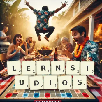 Kreative Illustration für ein Scrabble-Spiel, bei dem das Wort LERNSTUDIOS mit Steinen auf dem Brett gelegt wurde.