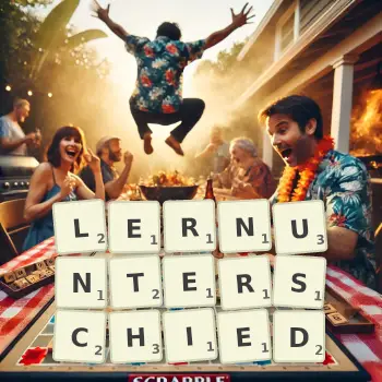 Kreative Illustration für ein Scrabble-Spiel, bei dem das Wort LERNUNTERSCHIED mit Steinen auf dem Brett gelegt wurde.