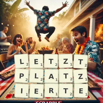 Kreative Illustration für ein Scrabble-Spiel, bei dem das Wort LETZTPLATZIERTE mit Steinen auf dem Brett gelegt wurde.
