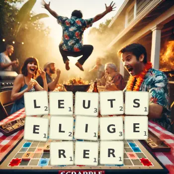 Kreative Illustration für ein Scrabble-Spiel, bei dem das Wort LEUTSELIGERER mit Steinen auf dem Brett gelegt wurde.