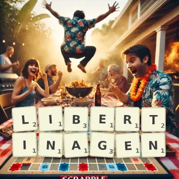 Kreative Illustration für ein Scrabble-Spiel, bei dem das Wort LIBERTINAGEN mit Steinen auf dem Brett gelegt wurde.