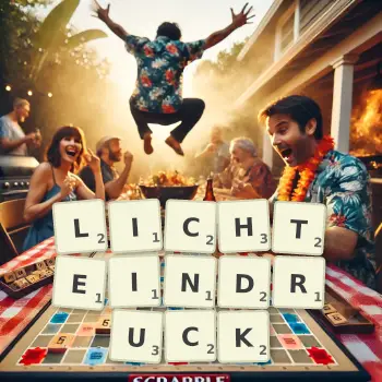 Kreative Illustration für ein Scrabble-Spiel, bei dem das Wort LICHTEINDRUCK mit Steinen auf dem Brett gelegt wurde.