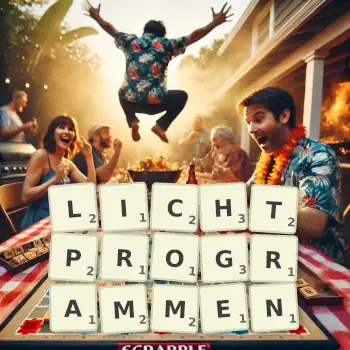 Kreative Illustration für ein Scrabble-Spiel, bei dem das Wort LICHTPROGRAMMEN mit Steinen auf dem Brett gelegt wurde.