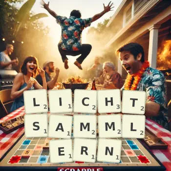 Kreative Illustration für ein Scrabble-Spiel, bei dem das Wort LICHTSAMMLERN mit Steinen auf dem Brett gelegt wurde.