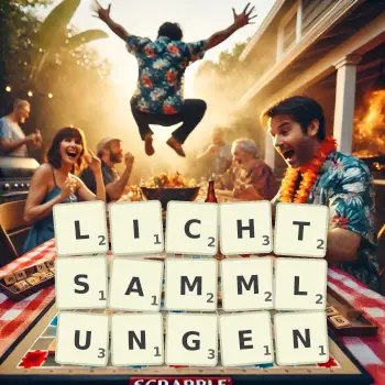 Kreative Illustration für ein Scrabble-Spiel, bei dem das Wort LICHTSAMMLUNGEN mit Steinen auf dem Brett gelegt wurde.