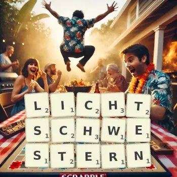 Kreative Illustration für ein Scrabble-Spiel, bei dem das Wort LICHTSCHWESTERN mit Steinen auf dem Brett gelegt wurde.
