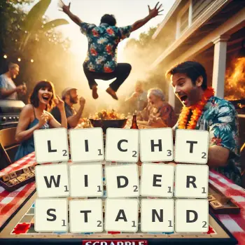 Kreative Illustration für ein Scrabble-Spiel, bei dem das Wort LICHTWIDERSTAND mit Steinen auf dem Brett gelegt wurde.