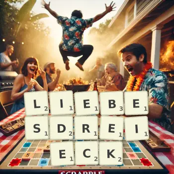 Kreative Illustration für ein Scrabble-Spiel, bei dem das Wort LIEBESDREIECK mit Steinen auf dem Brett gelegt wurde.