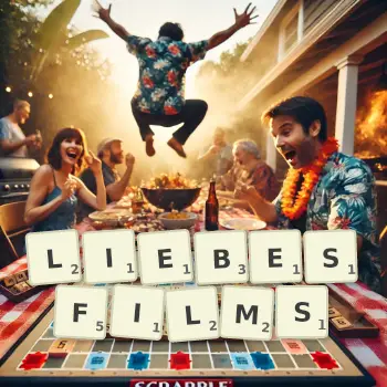 Kreative Illustration für ein Scrabble-Spiel, bei dem das Wort LIEBESFILMS mit Steinen auf dem Brett gelegt wurde.