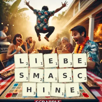 Kreative Illustration für ein Scrabble-Spiel, bei dem das Wort LIEBESMASCHINE mit Steinen auf dem Brett gelegt wurde.