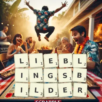 Kreative Illustration für ein Scrabble-Spiel, bei dem das Wort LIEBLINGSBILDER mit Steinen auf dem Brett gelegt wurde.