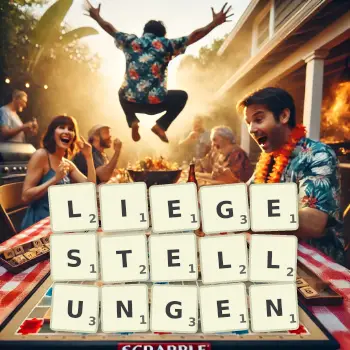 Kreative Illustration für ein Scrabble-Spiel, bei dem das Wort LIEGESTELLUNGEN mit Steinen auf dem Brett gelegt wurde.
