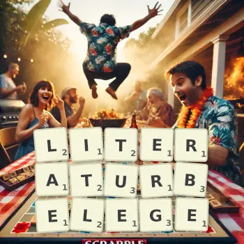 Kreative Illustration für ein Scrabble-Spiel, bei dem das Wort LITERATURBELEGE mit Steinen auf dem Brett gelegt wurde.