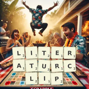 Kreative Illustration für ein Scrabble-Spiel, bei dem das Wort LITERATURCLIP mit Steinen auf dem Brett gelegt wurde.