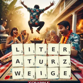 Kreative Illustration für ein Scrabble-Spiel, bei dem das Wort LITERATURZWEIGE mit Steinen auf dem Brett gelegt wurde.