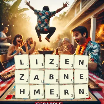 Kreative Illustration für ein Scrabble-Spiel, bei dem das Wort LIZENZABNEHMERN mit Steinen auf dem Brett gelegt wurde.