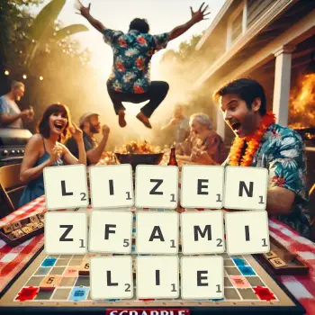 Kreative Illustration für ein Scrabble-Spiel, bei dem das Wort LIZENZFAMILIE mit Steinen auf dem Brett gelegt wurde.