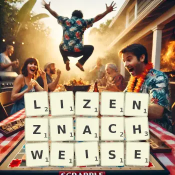 Kreative Illustration für ein Scrabble-Spiel, bei dem das Wort LIZENZNACHWEISE mit Steinen auf dem Brett gelegt wurde.