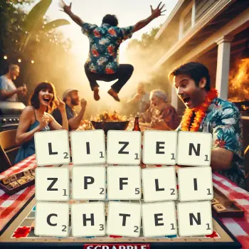 Kreative Illustration für ein Scrabble-Spiel, bei dem das Wort LIZENZPFLICHTEN mit Steinen auf dem Brett gelegt wurde.