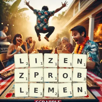 Kreative Illustration für ein Scrabble-Spiel, bei dem das Wort LIZENZPROBLEMEN mit Steinen auf dem Brett gelegt wurde.