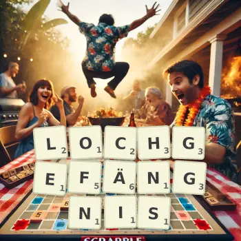 Kreative Illustration für ein Scrabble-Spiel, bei dem das Wort LOCHGEFÄNGNIS mit Steinen auf dem Brett gelegt wurde.