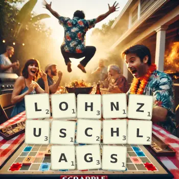 Kreative Illustration für ein Scrabble-Spiel, bei dem das Wort LOHNZUSCHLAGS mit Steinen auf dem Brett gelegt wurde.