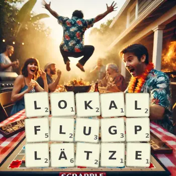 Kreative Illustration für ein Scrabble-Spiel, bei dem das Wort LOKALFLUGPLÄTZE mit Steinen auf dem Brett gelegt wurde.