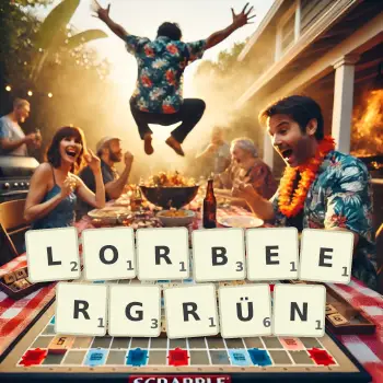Kreative Illustration für ein Scrabble-Spiel, bei dem das Wort LORBEERGRÜN mit Steinen auf dem Brett gelegt wurde.