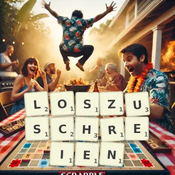 Kreative Illustration für ein Scrabble-Spiel, bei dem das Wort LOSZUSCHREIEN mit Steinen auf dem Brett gelegt wurde.