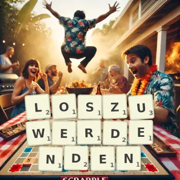 Kreative Illustration für ein Scrabble-Spiel, bei dem das Wort LOSZUWERDENDEN mit Steinen auf dem Brett gelegt wurde.