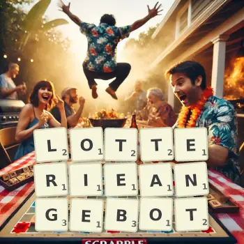 Kreative Illustration für ein Scrabble-Spiel, bei dem das Wort LOTTERIEANGEBOT mit Steinen auf dem Brett gelegt wurde.