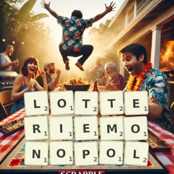 Kreative Illustration für ein Scrabble-Spiel, bei dem das Wort LOTTERIEMONOPOL mit Steinen auf dem Brett gelegt wurde.