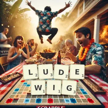 Kreative Illustration für ein Scrabble-Spiel, bei dem das Wort LUDEWIG mit Steinen auf dem Brett gelegt wurde.