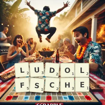 Kreative Illustration für ein Scrabble-Spiel, bei dem das Wort LUDOLFSCHE mit Steinen auf dem Brett gelegt wurde.