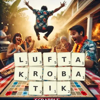 Kreative Illustration für ein Scrabble-Spiel, bei dem das Wort LUFTAKROBATIK mit Steinen auf dem Brett gelegt wurde.