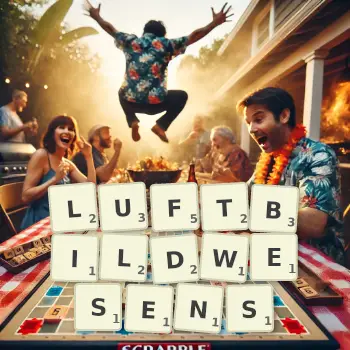 Kreative Illustration für ein Scrabble-Spiel, bei dem das Wort LUFTBILDWESENS mit Steinen auf dem Brett gelegt wurde.