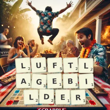 Kreative Illustration für ein Scrabble-Spiel, bei dem das Wort LUFTLAGEBILDER mit Steinen auf dem Brett gelegt wurde.