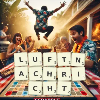 Kreative Illustration für ein Scrabble-Spiel, bei dem das Wort LUFTNACHRICHT mit Steinen auf dem Brett gelegt wurde.