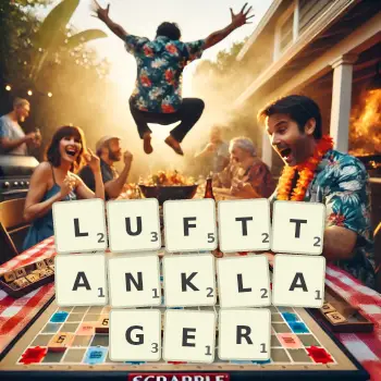 Kreative Illustration für ein Scrabble-Spiel, bei dem das Wort LUFTTANKLAGER mit Steinen auf dem Brett gelegt wurde.