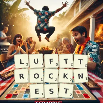 Kreative Illustration für ein Scrabble-Spiel, bei dem das Wort LUFTTROCKNEST mit Steinen auf dem Brett gelegt wurde.