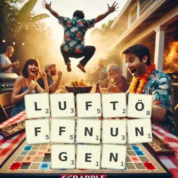 Kreative Illustration für ein Scrabble-Spiel, bei dem das Wort LUFTÖFFNUNGEN mit Steinen auf dem Brett gelegt wurde.