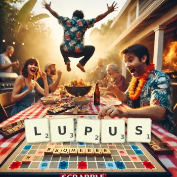 Kreative Illustration für ein Scrabble-Spiel, bei dem das Wort LUPUS mit Steinen auf dem Brett gelegt wurde.