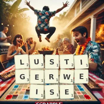 Kreative Illustration für ein Scrabble-Spiel, bei dem das Wort LUSTIGERWEISE mit Steinen auf dem Brett gelegt wurde.