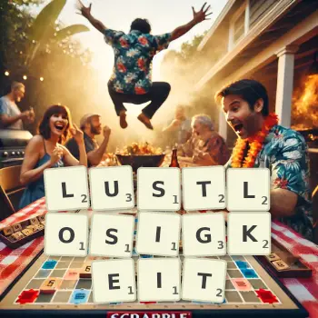 Kreative Illustration für ein Scrabble-Spiel, bei dem das Wort LUSTLOSIGKEIT mit Steinen auf dem Brett gelegt wurde.