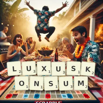 Kreative Illustration für ein Scrabble-Spiel, bei dem das Wort LUXUSKONSUM mit Steinen auf dem Brett gelegt wurde.