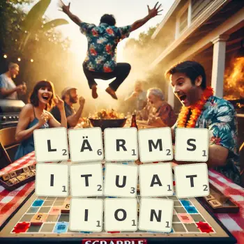 Kreative Illustration für ein Scrabble-Spiel, bei dem das Wort LÄRMSITUATION mit Steinen auf dem Brett gelegt wurde.