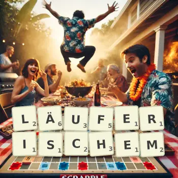 Kreative Illustration für ein Scrabble-Spiel, bei dem das Wort LÄUFERISCHEM mit Steinen auf dem Brett gelegt wurde.