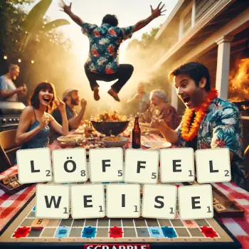 Kreative Illustration für ein Scrabble-Spiel, bei dem das Wort LÖFFELWEISE mit Steinen auf dem Brett gelegt wurde.