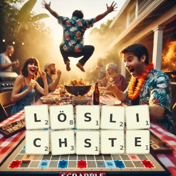 Kreative Illustration für ein Scrabble-Spiel, bei dem das Wort LÖSLICHSTE mit Steinen auf dem Brett gelegt wurde.